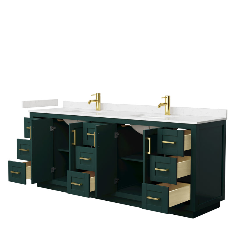 Wyndham Miranda 84" Double Bathroom Vanity In Green Light-Vein Carrara Cultured Marble Countertop Undermount Square Sinks Brushed Gold Trim WCF292984DGDC2UNSMXX