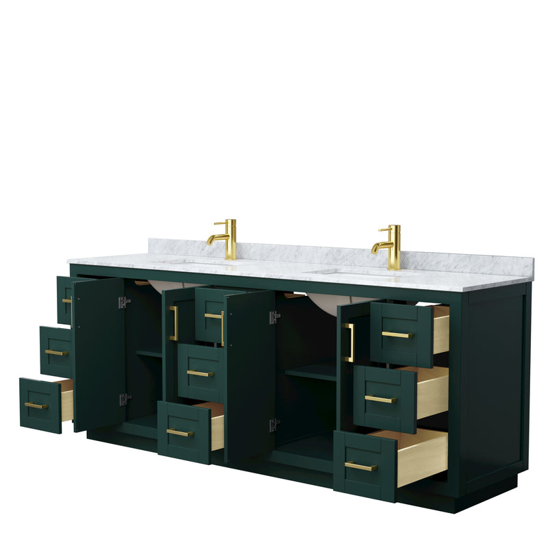 Wyndham Miranda 84" Double Bathroom Vanity In Green White Carrara Marble Countertop Undermount Square Sinks Brushed Gold Trim WCF292984DGDCMUNSMXX