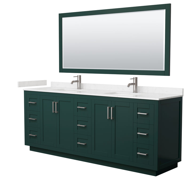 Wyndham Miranda 84" Double Bathroom Vanity In Green Light-Vein Carrara Cultured Marble Countertop Undermount Square Sinks Brushed Nickel Trim 70" Mirror WCF292984DGEC2UNSM70