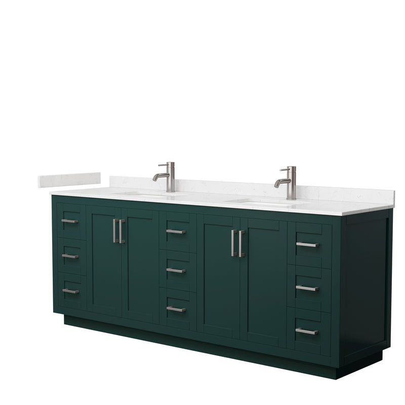 Wyndham Miranda 84" Double Bathroom Vanity In Green Light-Vein Carrara Cultured Marble Countertop Undermount Square Sinks Brushed Nickel Trim WCF292984DGEC2UNSMXX