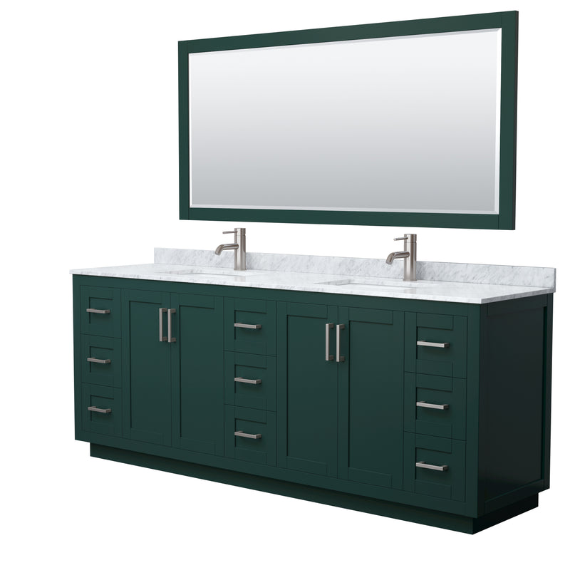 Wyndham Miranda 84" Double Bathroom Vanity In Green White Carrara Marble Countertop Undermount Square Sinks Brushed Nickel Trim 70" Mirror WCF292984DGECMUNSM70