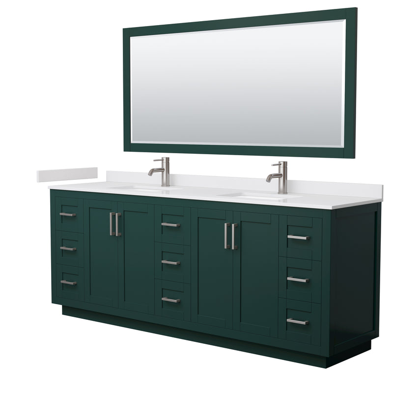 Wyndham Miranda 84" Double Bathroom Vanity In Green White Cultured Marble Countertop Undermount Square Sinks Brushed Nickel Trim 70" Mirror WCF292984DGEWCUNSM70