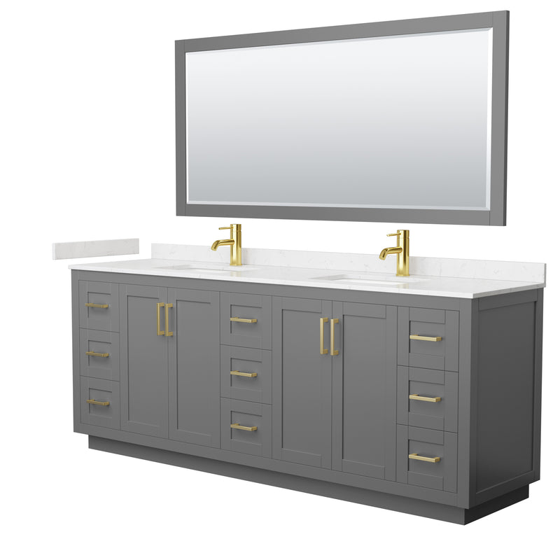 Wyndham Miranda 84" Double Bathroom Vanity In Dark Gray Light-Vein Carrara Cultured Marble Countertop Undermount Square Sinks Brushed Gold Trim 70" Mirror WCF292984DGGC2UNSM70