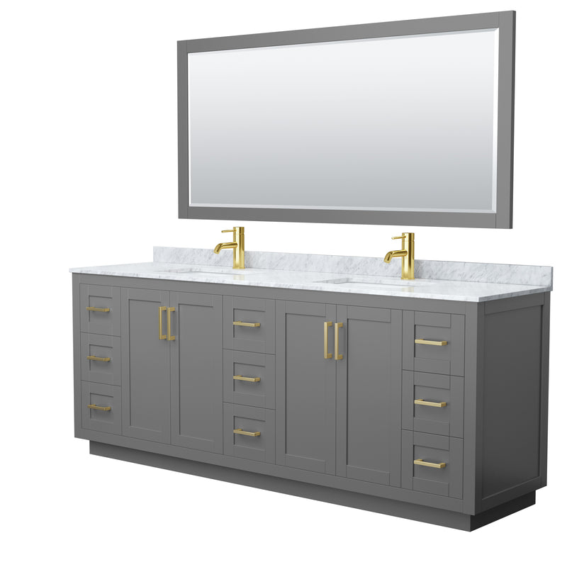 Wyndham Miranda 84" Double Bathroom Vanity In Dark Gray White Carrara Marble Countertop Undermount Square Sinks Brushed Gold Trim 70" Mirror WCF292984DGGCMUNSM70