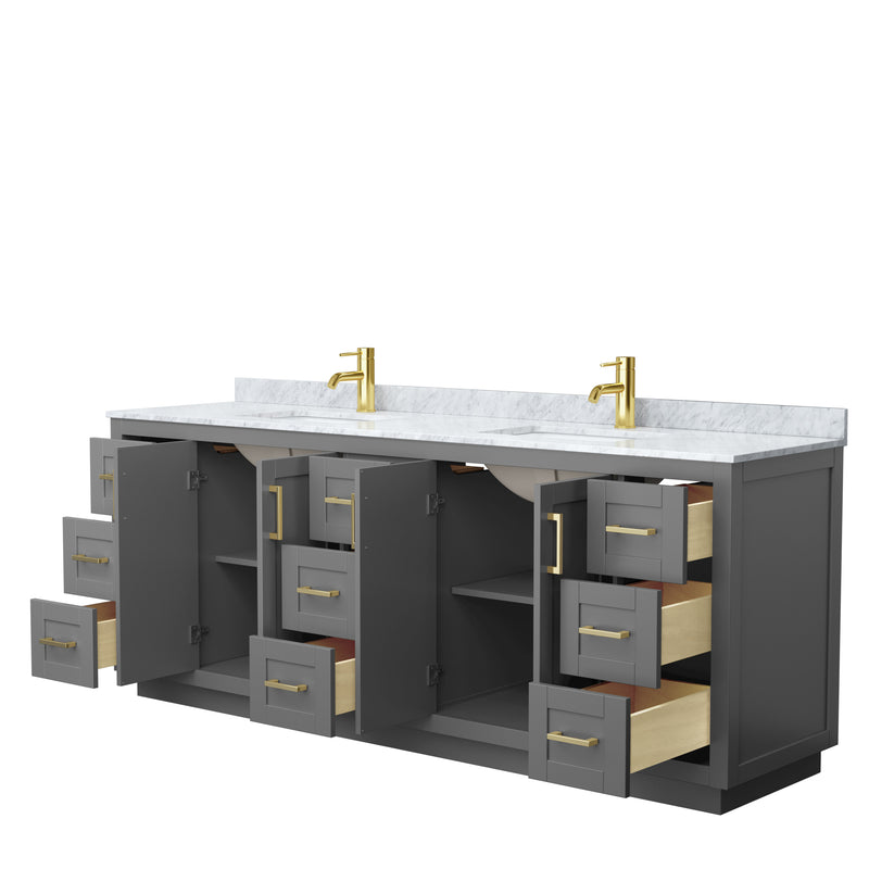 Wyndham Miranda 84" Double Bathroom Vanity In Dark Gray White Carrara Marble Countertop Undermount Square Sinks Brushed Gold Trim WCF292984DGGCMUNSMXX