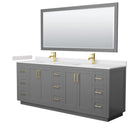 Wyndham Miranda 84" Double Bathroom Vanity In Dark Gray White Cultured Marble Countertop Undermount Square Sinks Brushed Gold Trim 70" Mirror WCF292984DGGWCUNSM70