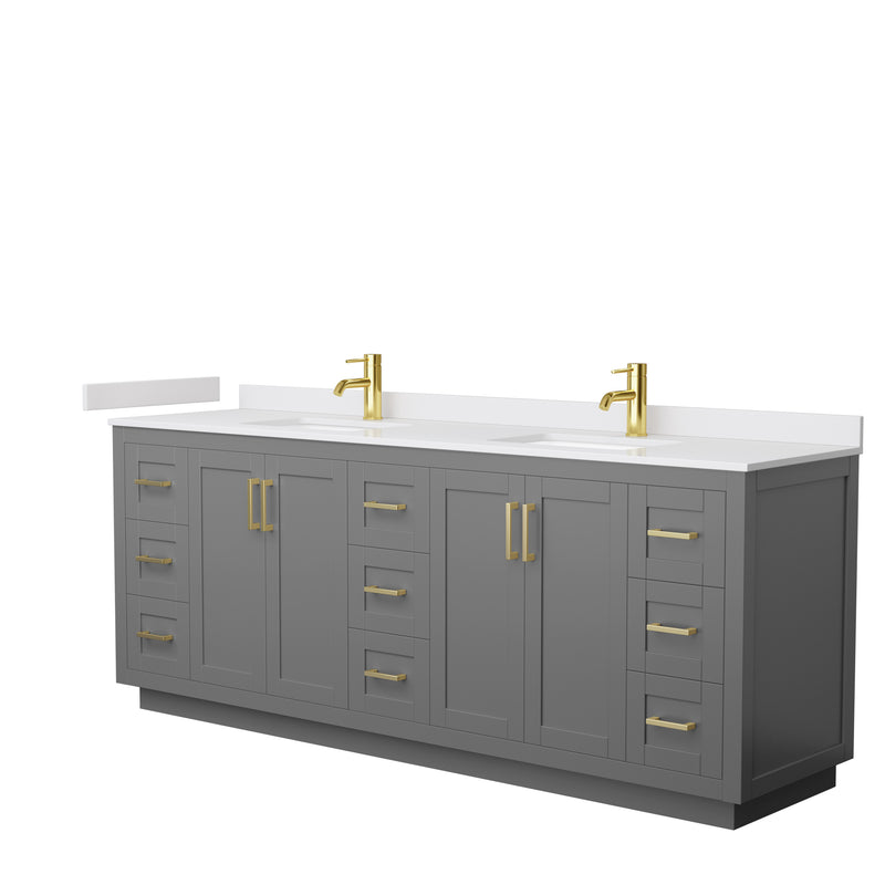 Wyndham Miranda 84" Double Bathroom Vanity In Dark Gray White Cultured Marble Countertop Undermount Square Sinks Brushed Gold Trim WCF292984DGGWCUNSMXX