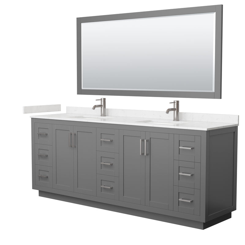 Wyndham Miranda 84" Double Bathroom Vanity In Dark Gray Light-Vein Carrara Cultured Marble Countertop Undermount Square Sinks Brushed Nickel Trim 70" Mirror WCF292984DKGC2UNSM70