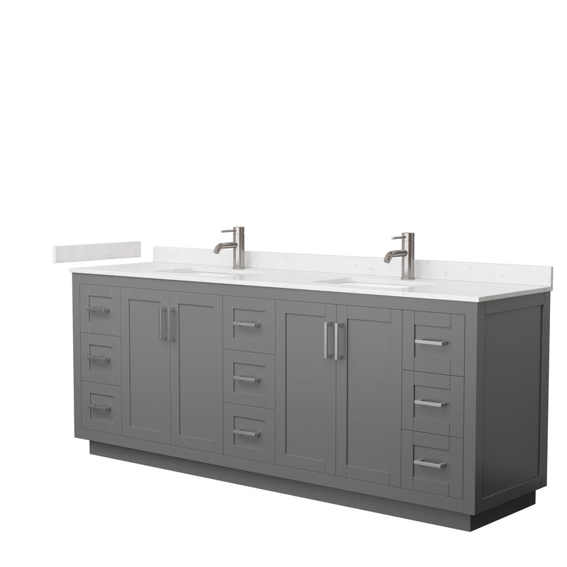 Wyndham Miranda 84" Double Bathroom Vanity In Dark Gray Light-Vein Carrara Cultured Marble Countertop Undermount Square Sinks Brushed Nickel Trim WCF292984DKGC2UNSMXX