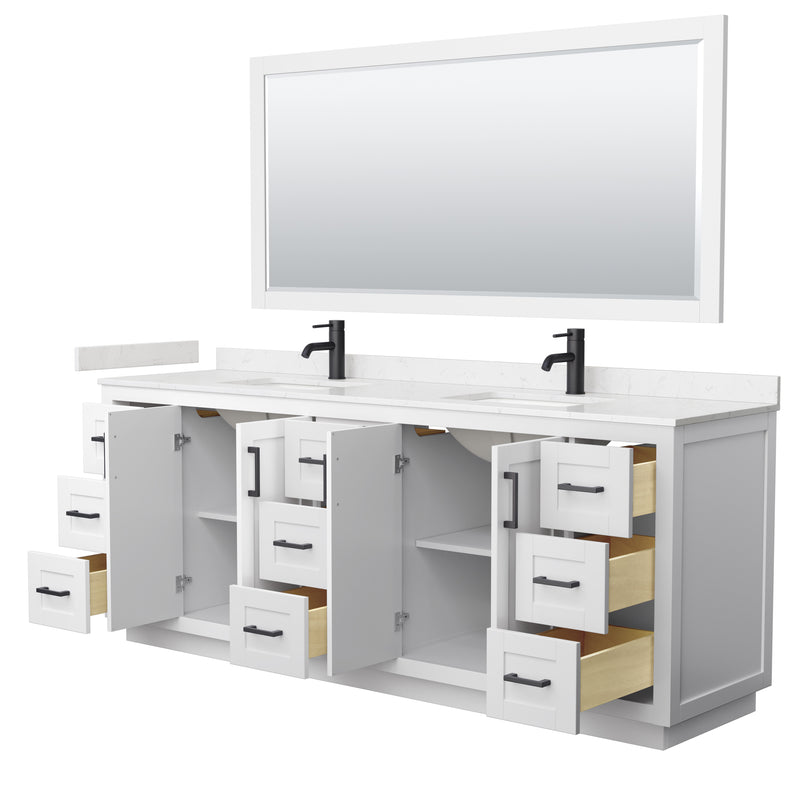 Wyndham Miranda 84" Double Bathroom Vanity In White Light-Vein Carrara Cultured Marble Countertop Undermount Square Sinks Matte Black Trim 70" Mirror WCF292984DWBC2UNSM70