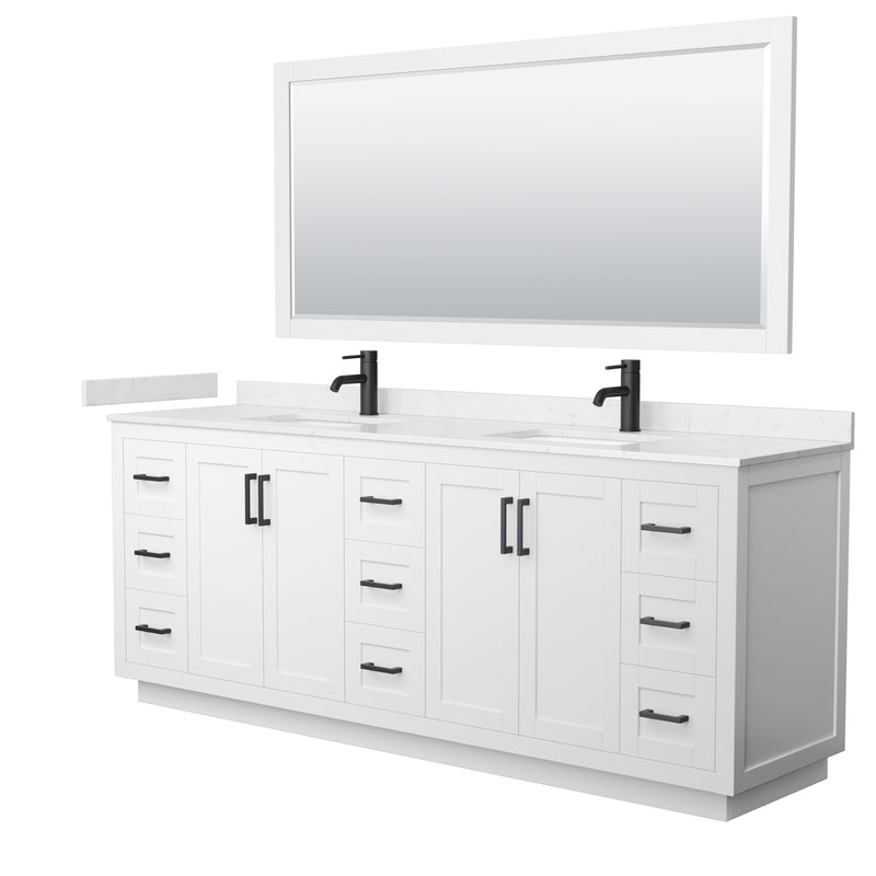 Wyndham Miranda 84" Double Bathroom Vanity In White Light-Vein Carrara Cultured Marble Countertop Undermount Square Sinks Matte Black Trim 70" Mirror WCF292984DWBC2UNSM70