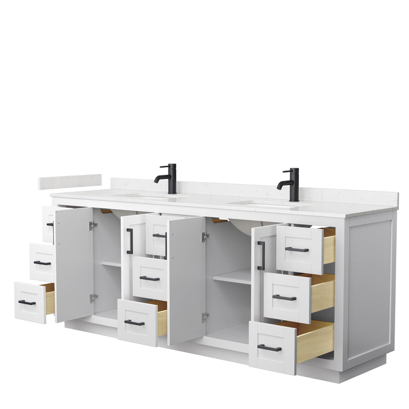 Wyndham Miranda 84" Double Bathroom Vanity In White Light-Vein Carrara Cultured Marble Countertop Undermount Square Sinks Matte Black Trim WCF292984DWBC2UNSMXX