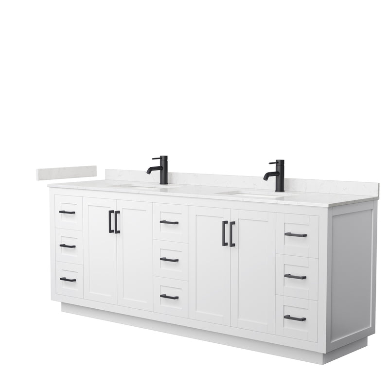 Wyndham Miranda 84" Double Bathroom Vanity In White Light-Vein Carrara Cultured Marble Countertop Undermount Square Sinks Matte Black Trim WCF292984DWBC2UNSMXX