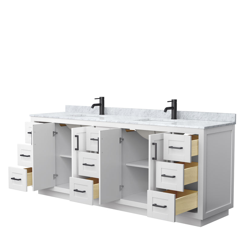 Wyndham Miranda 84" Double Bathroom Vanity In White White Carrara Marble Countertop Undermount Square Sinks Matte Black Trim WCF292984DWBCMUNSMXX