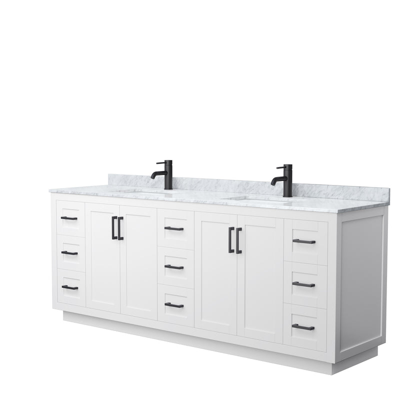 Wyndham Miranda 84" Double Bathroom Vanity In White White Carrara Marble Countertop Undermount Square Sinks Matte Black Trim WCF292984DWBCMUNSMXX