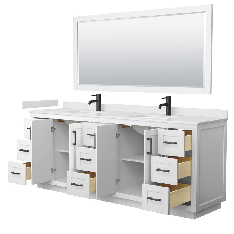 Wyndham Miranda 84" Double Bathroom Vanity In White White Cultured Marble Countertop Undermount Square Sinks Matte Black Trim 70" Mirror WCF292984DWBWCUNSM70