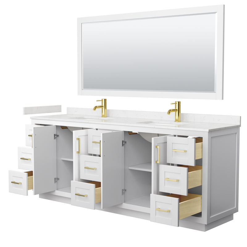 Wyndham Miranda 84" Double Bathroom Vanity In White Light-Vein Carrara Cultured Marble Countertop Undermount Square Sinks Brushed Gold Trim 70" Mirror WCF292984DWGC2UNSM70