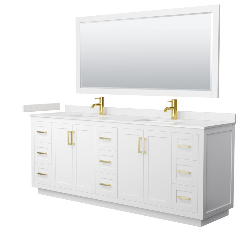 Wyndham Miranda 84" Double Bathroom Vanity In White Light-Vein Carrara Cultured Marble Countertop Undermount Square Sinks Brushed Gold Trim 70" Mirror WCF292984DWGC2UNSM70