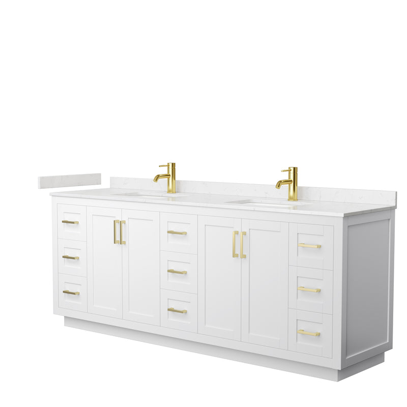 Wyndham Miranda 84" Double Bathroom Vanity In White Light-Vein Carrara Cultured Marble Countertop Undermount Square Sinks Brushed Gold Trim WCF292984DWGC2UNSMXX