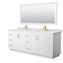 Wyndham Miranda 84" Double Bathroom Vanity In White White Carrara Marble Countertop Undermount Square Sinks Brushed Gold Trim 70" Mirror WCF292984DWGCMUNSM70