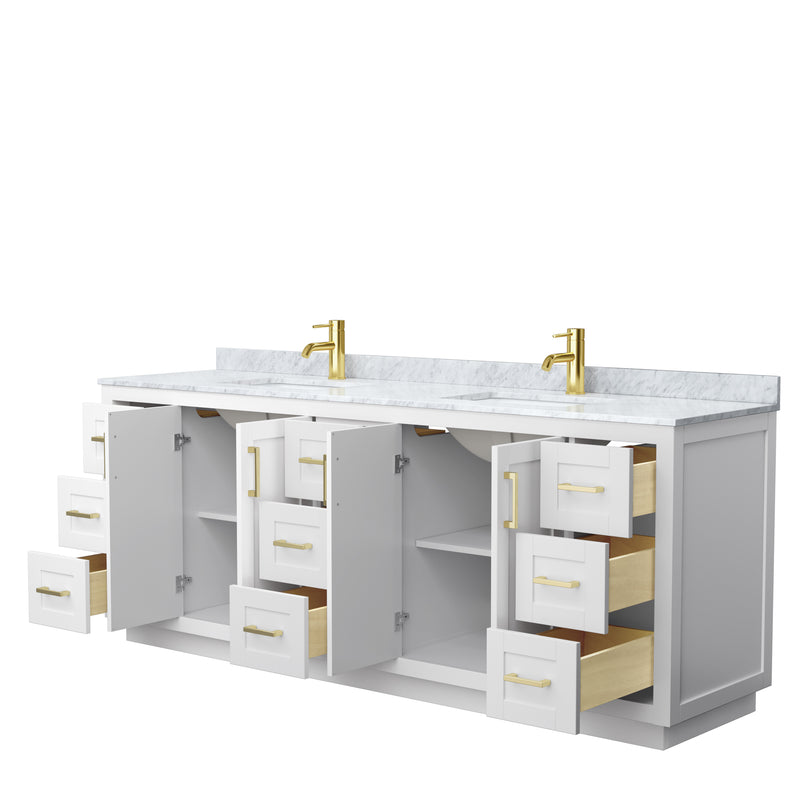 Wyndham Miranda 84" Double Bathroom Vanity In White White Carrara Marble Countertop Undermount Square Sinks Brushed Gold Trim WCF292984DWGCMUNSMXX