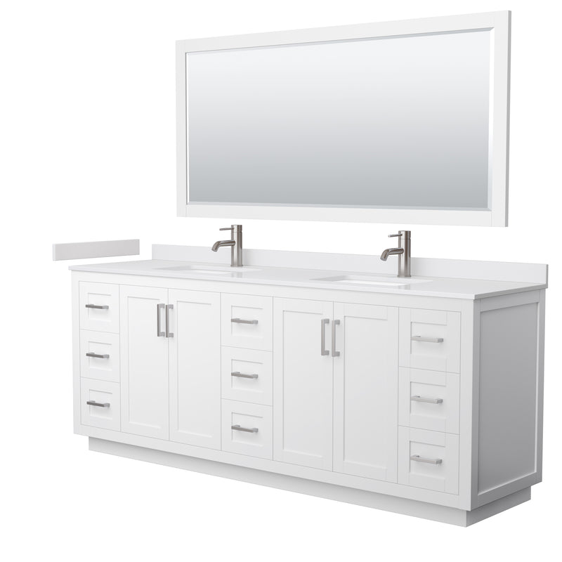 Wyndham Miranda 84" Double Bathroom Vanity In White White Cultured Marble Countertop Undermount Square Sinks Brushed Nickel Trim 70" Mirror WCF292984DWHWCUNSM70