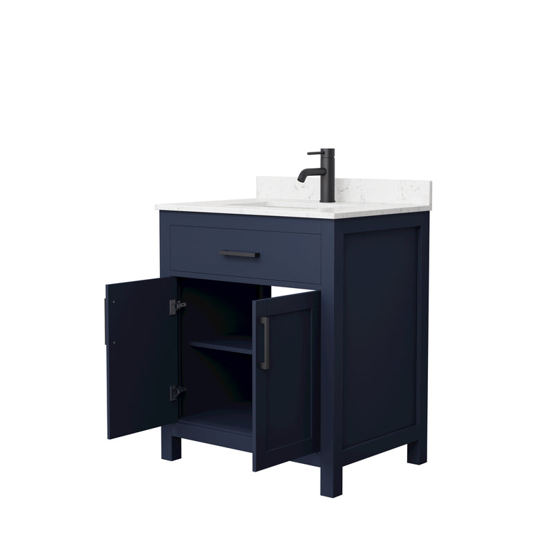 Wyndham Beckett 30" Single Bathroom Vanity In Dark Blue Carrara Cultured Marble Countertop Undermount Square Sink Matte Black Trim WCG242430SBBCCUNSMXX