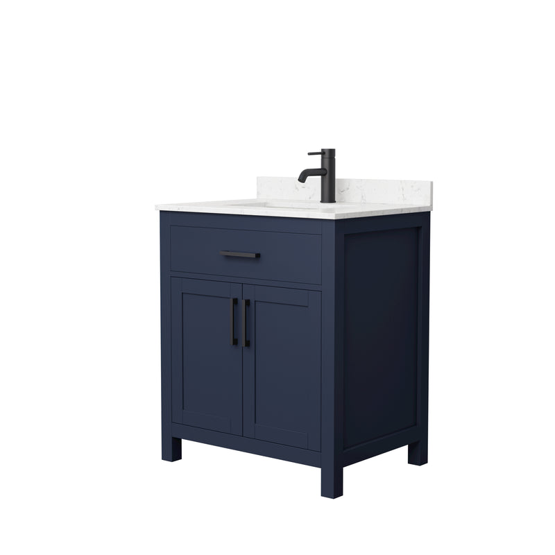 Wyndham Beckett 30" Single Bathroom Vanity In Dark Blue Carrara Cultured Marble Countertop Undermount Square Sink Matte Black Trim WCG242430SBBCCUNSMXX