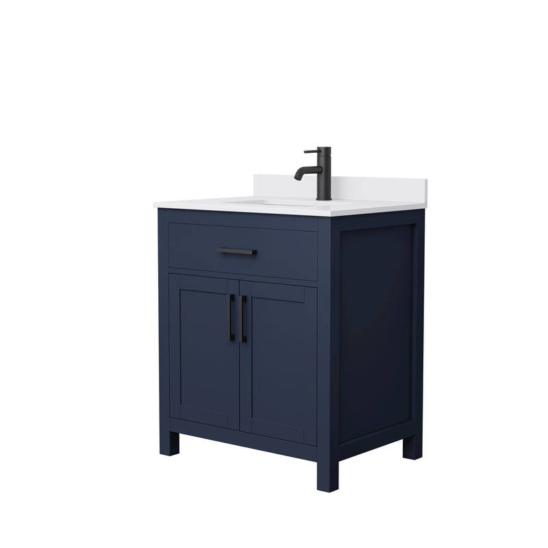 Wyndham Beckett 30" Single Bathroom Vanity In Dark Blue White Cultured Marble Countertop Undermount Square Sink Matte Black Trim WCG242430SBBWCUNSMXX