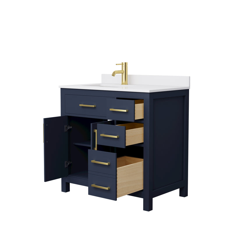 Wyndham Beckett 36" Single Bathroom Vanity In Dark Blue White Cultured Marble Countertop Undermount Square Sink Brushed Gold Trim WCG242436SBLWCUNSMXX