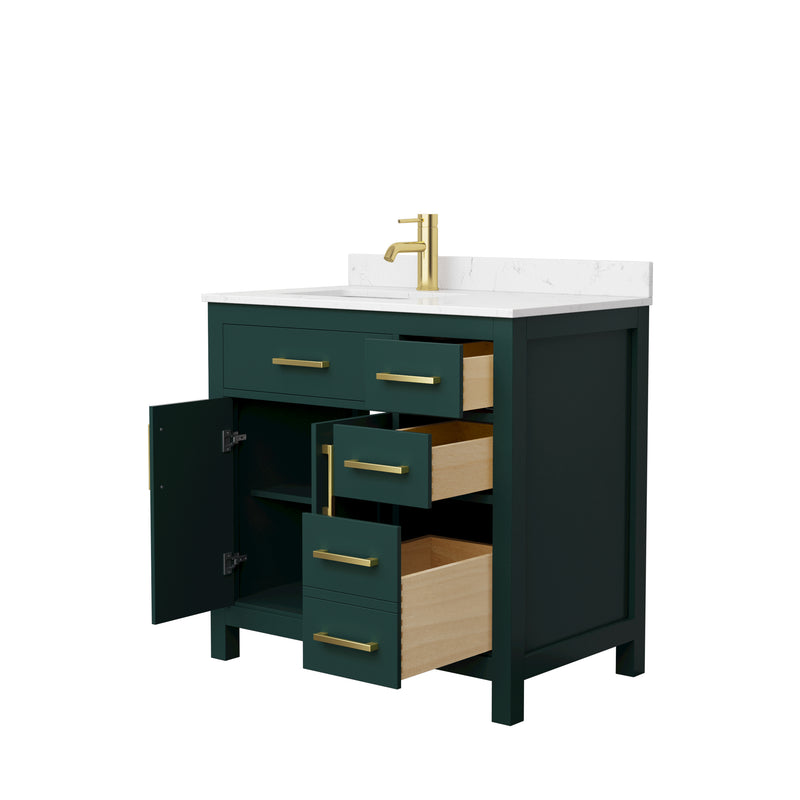 Wyndham Beckett 36" Single Bathroom Vanity In Green Carrara Cultured Marble Countertop Undermount Square Sink Brushed Gold Trim WCG242436SGDCCUNSMXX