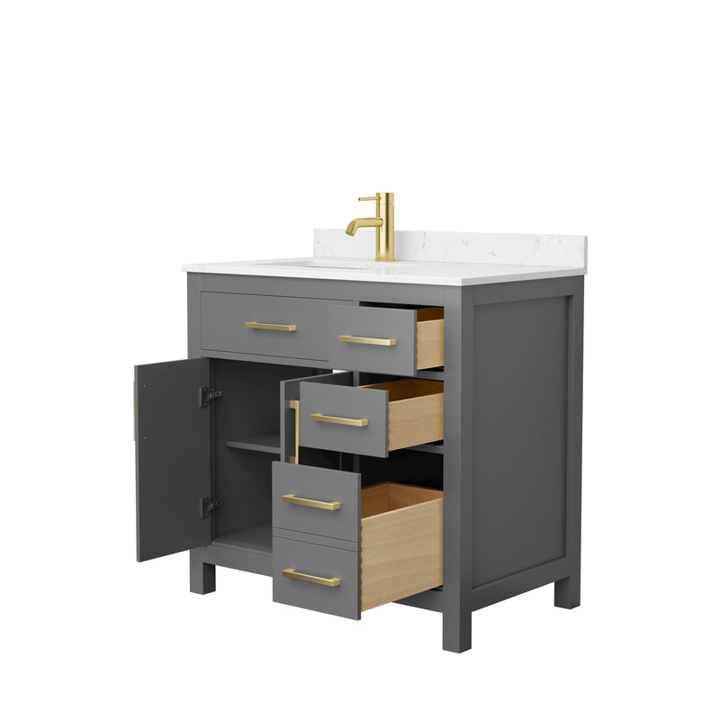 Wyndham Beckett 36" Single Bathroom Vanity In Dark Gray Carrara Cultured Marble Countertop Undermount Square Sink Brushed Gold Trim WCG242436SGGCCUNSMXX