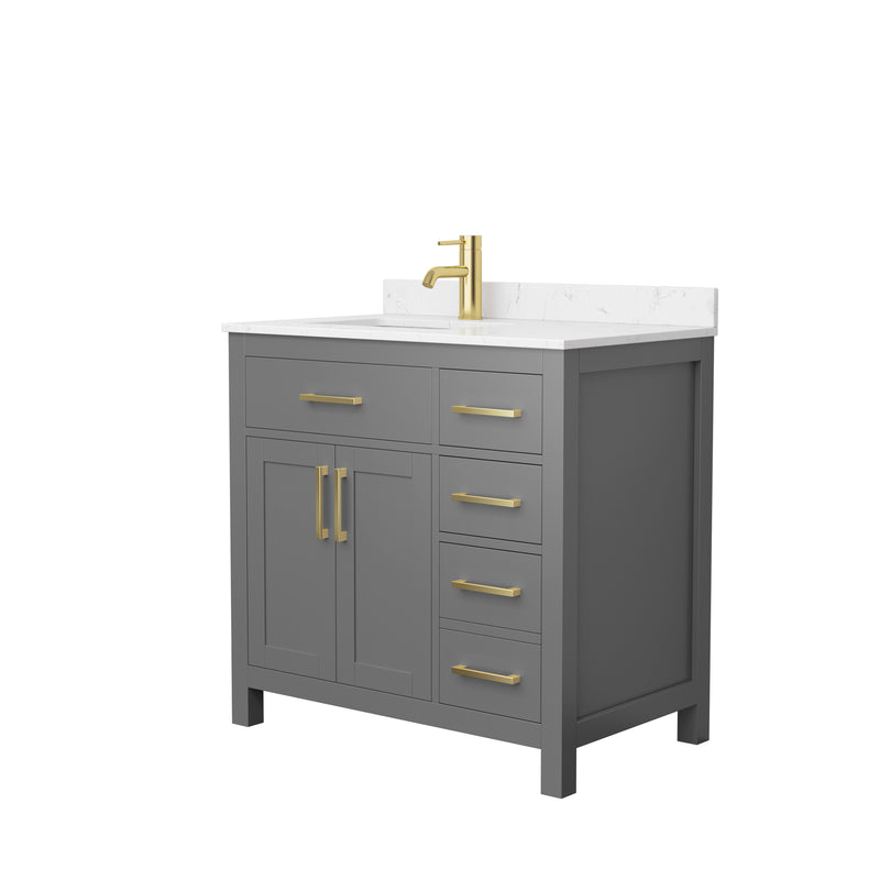 Wyndham Beckett 36" Single Bathroom Vanity In Dark Gray Carrara Cultured Marble Countertop Undermount Square Sink Brushed Gold Trim WCG242436SGGCCUNSMXX