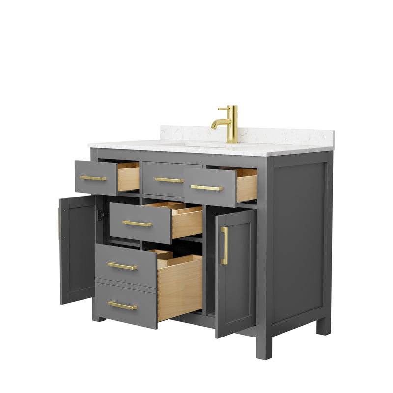 Wyndham Beckett 42" Single Bathroom Vanity In Dark Gray Carrara Cultured Marble Countertop Undermount Square Sink Brushed Gold Trim WCG242442SGGCCUNSMXX