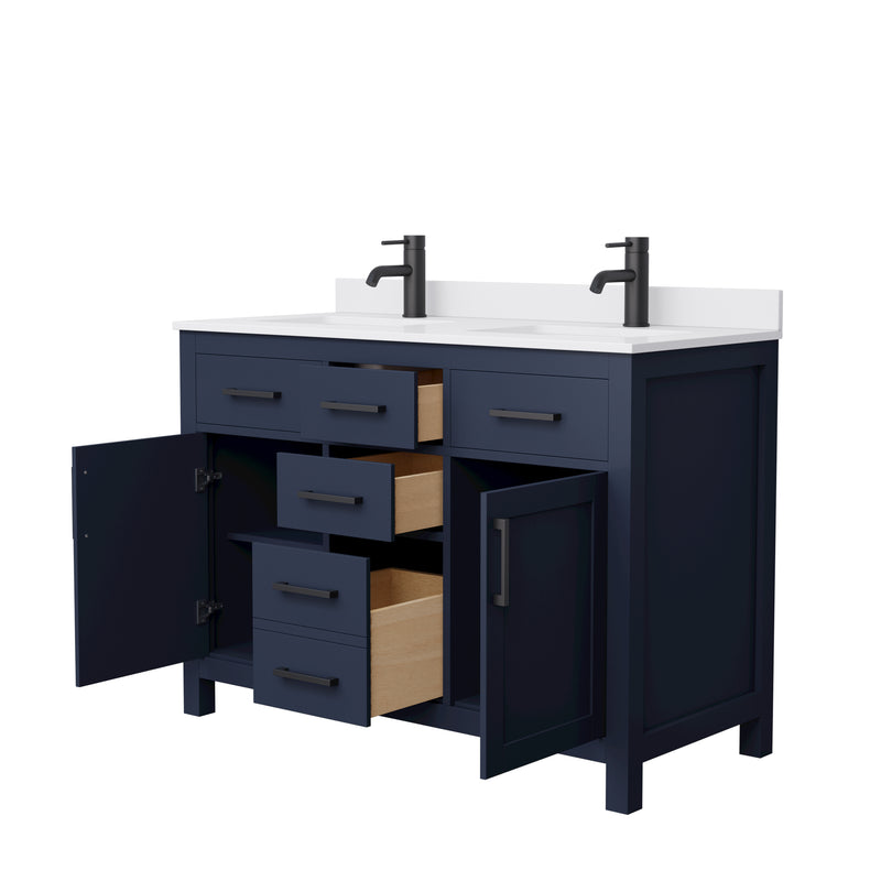 Wyndham Beckett 48" Double Bathroom Vanity In Dark Blue White Cultured Marble Countertop Undermount Square Sinks Matte Black Trim WCG242448DBBWCUNSMXX