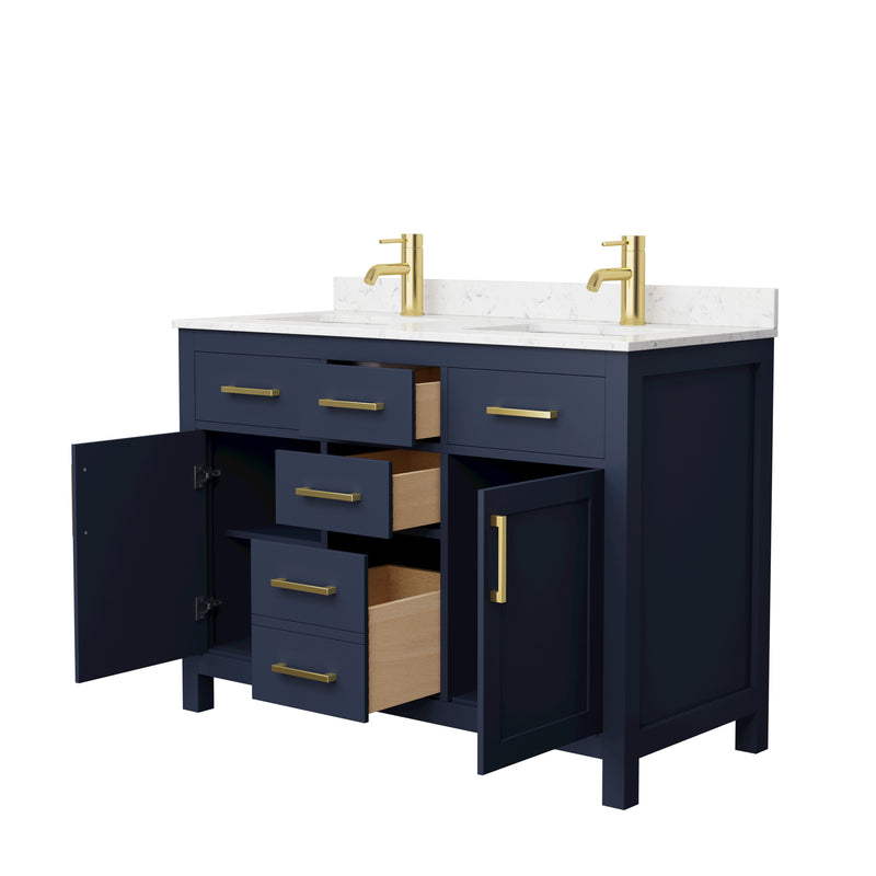 Wyndham Beckett 48" Double Bathroom Vanity In Dark Blue Carrara Cultured Marble Countertop Undermount Square Sinks Brushed Gold Trim WCG242448DBLCCUNSMXX