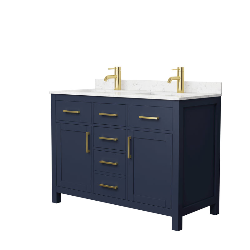 Wyndham Beckett 48" Double Bathroom Vanity In Dark Blue Carrara Cultured Marble Countertop Undermount Square Sinks Brushed Gold Trim WCG242448DBLCCUNSMXX