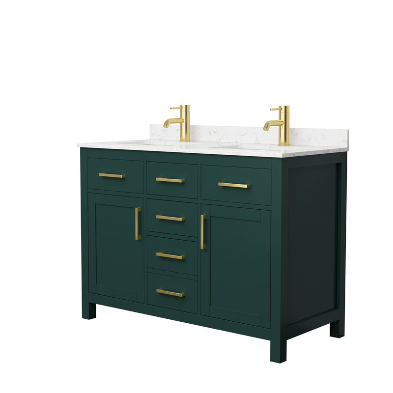 Wyndham Beckett 48" Double Bathroom Vanity In Green Carrara Cultured Marble Countertop Undermount Square Sinks Brushed Gold Trim WCG242448DGDCCUNSMXX