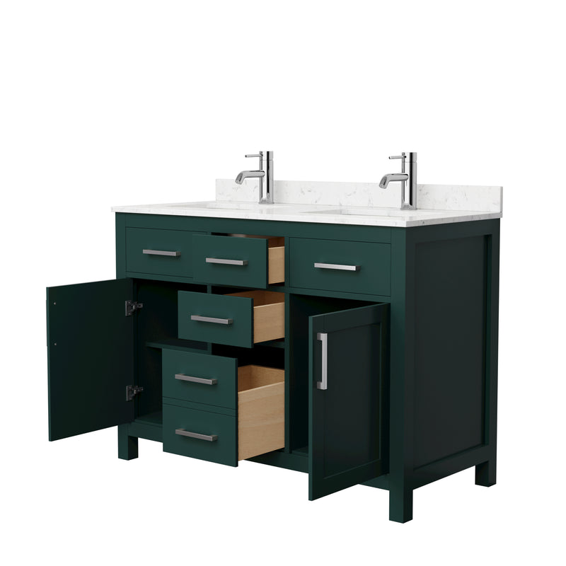 Wyndham Beckett 48" Double Bathroom Vanity In Green Carrara Cultured Marble Countertop Undermount Square Sinks Brushed Nickel Trim WCG242448DGECCUNSMXX