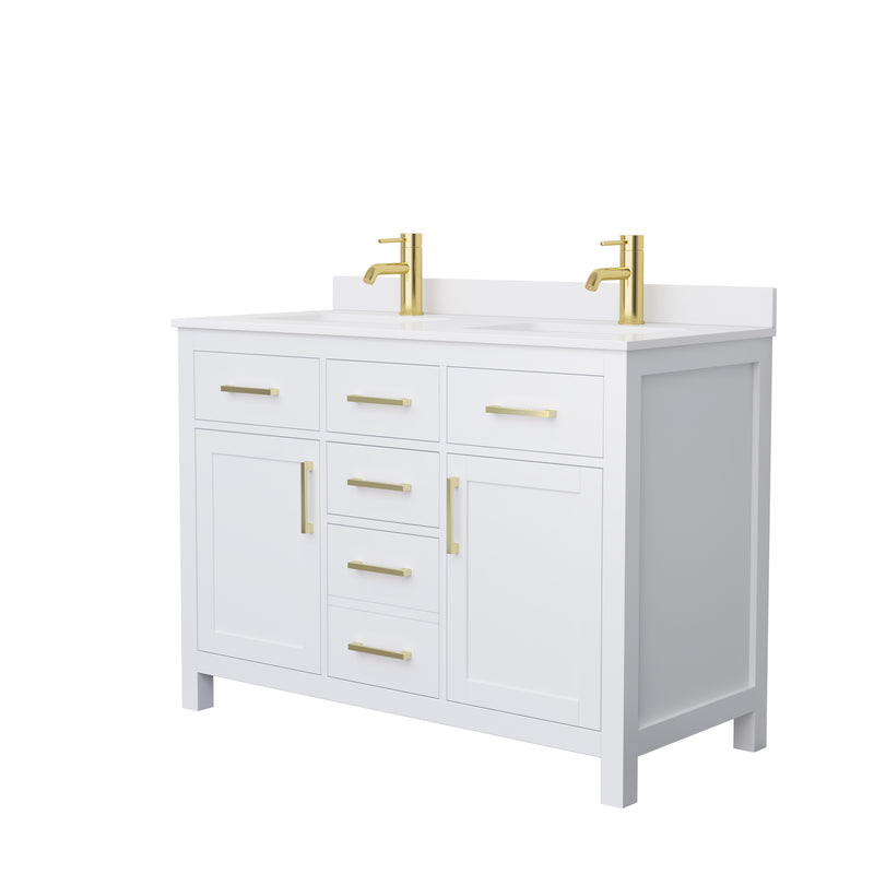 Wyndham Beckett 48" Double Bathroom Vanity In White White Cultured Marble Countertop Undermount Square Sinks Brushed Gold Trim WCG242448DWGWCUNSMXX