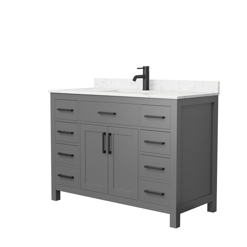 Wyndham Beckett 48" Single Bathroom Vanity In Dark Gray Carrara Cultured Marble Countertop Undermount Square Sink Matte Black Trim WCG242448SGBCCUNSMXX