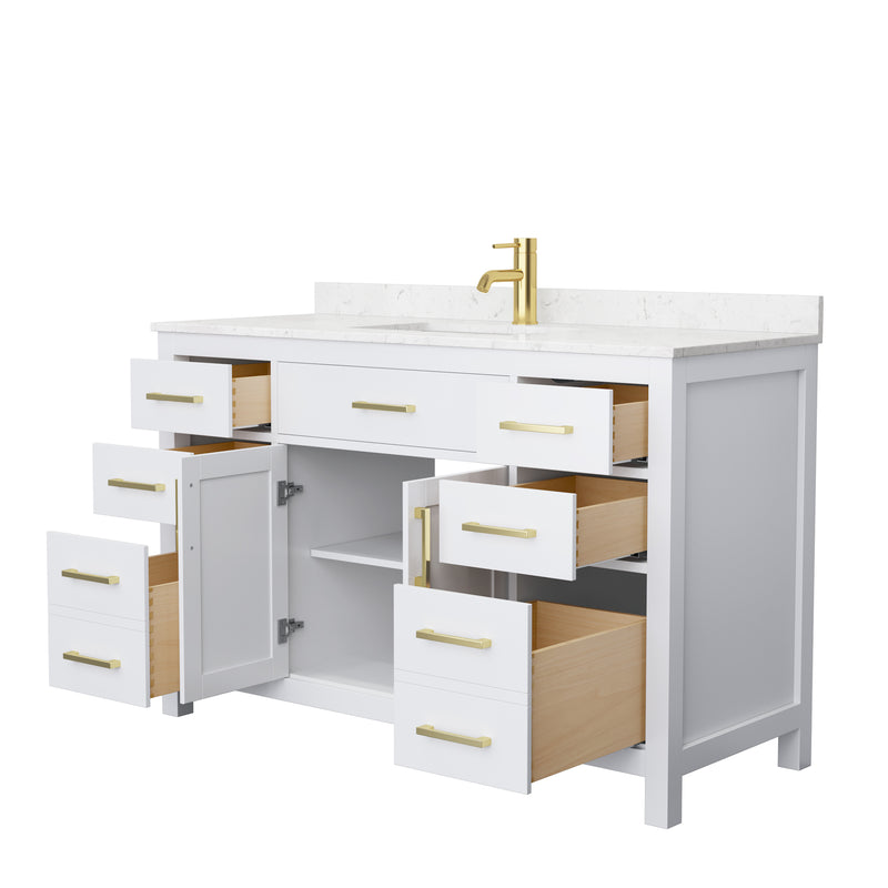 Wyndham Beckett 54" Single Bathroom Vanity In White Carrara Cultured Marble Countertop Undermount Square Sink Brushed Gold Trims and No Mirror WCG242454SWGCCUNSMXX