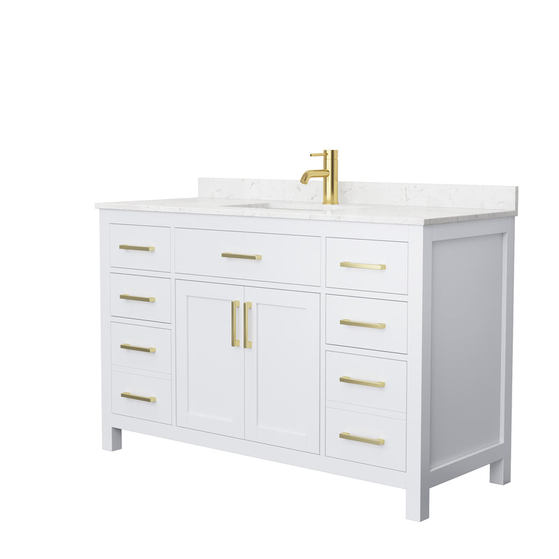 Wyndham Beckett 54" Single Bathroom Vanity In White Carrara Cultured Marble Countertop Undermount Square Sink Brushed Gold Trims And No Mirror WCG242454SWGCCUNSMXX