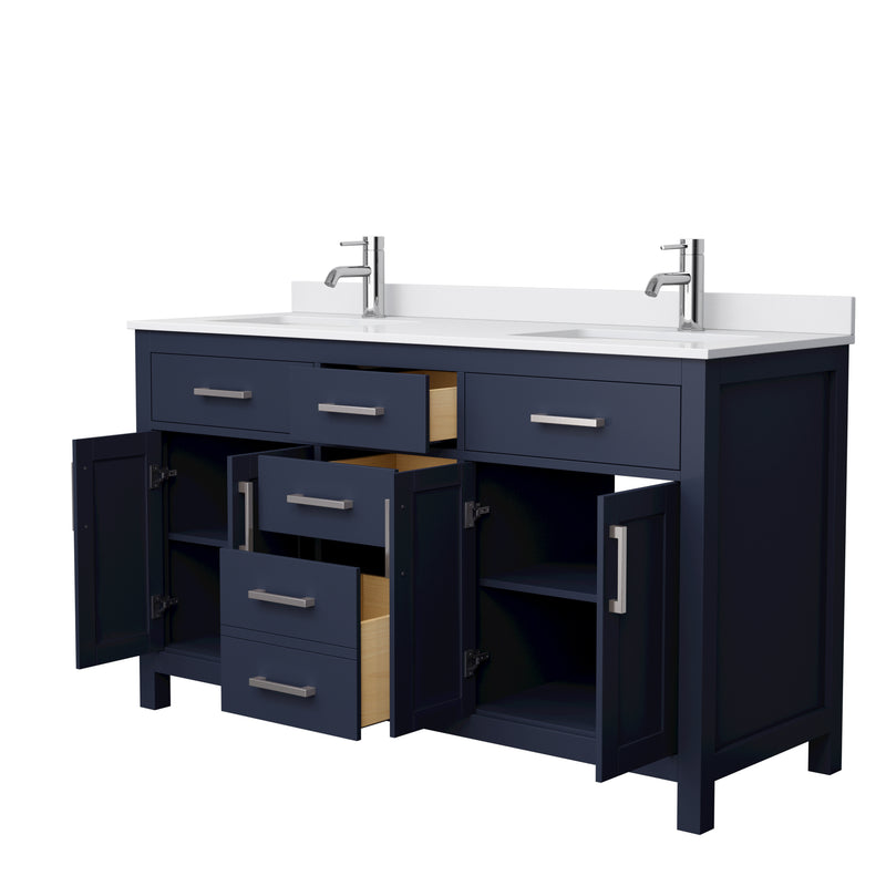 Wyndham Beckett 60" Double Bathroom Vanity In Dark Blue White Cultured Marble Countertop Undermount Square Sinks Brushed Nickel Trim WCG242460DBNWCUNSMXX