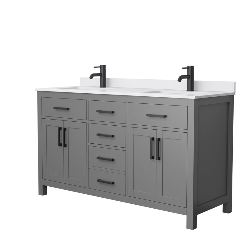 Wyndham Beckett 60" Double Bathroom Vanity In Dark Gray White Cultured Marble Countertop Undermount Square Sinks Matte Black Trim WCG242460DGBWCUNSMXX