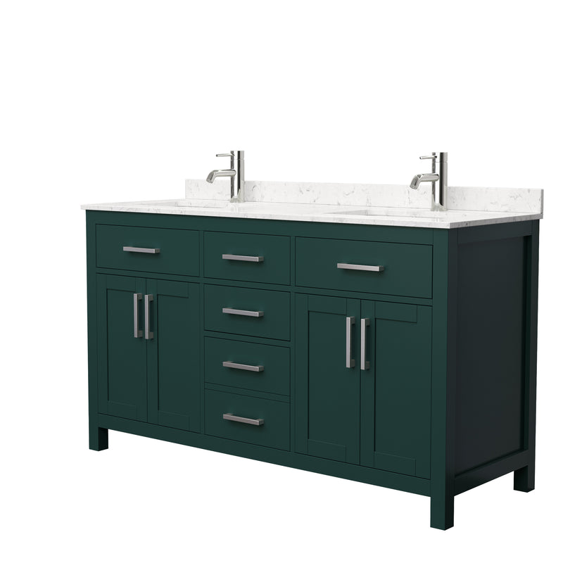 Wyndham Beckett 60" Double Bathroom Vanity In Green Carrara Cultured Marble Countertop Undermount Square Sinks Brushed Nickel Trim WCG242460DGECCUNSMXX