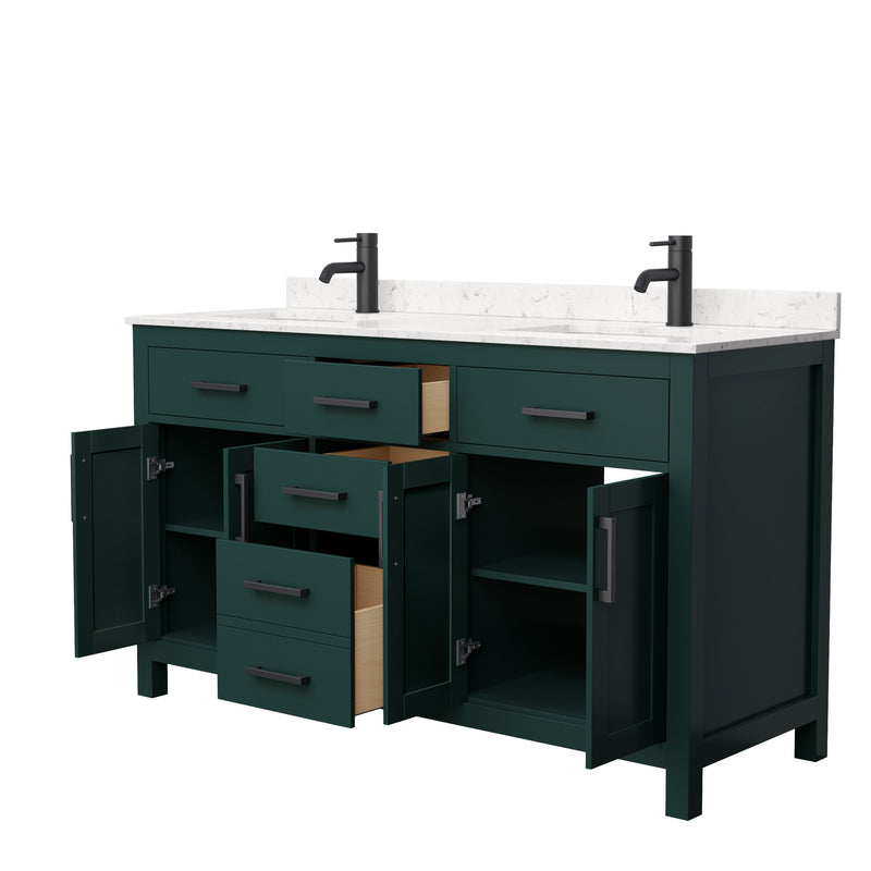 Wyndham Beckett 60" Double Bathroom Vanity In Green Carrara Cultured Marble Countertop Undermount Square Sinks Matte Black Trim WCG242460DGKCCUNSMXX