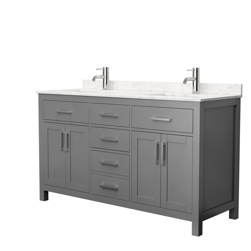 Wyndham Beckett 60" Double Bathroom Vanity In Dark Gray Carrara Cultured Marble Countertop Undermount Square Sinks And No Mirror WCG242460DKGCCUNSMXX