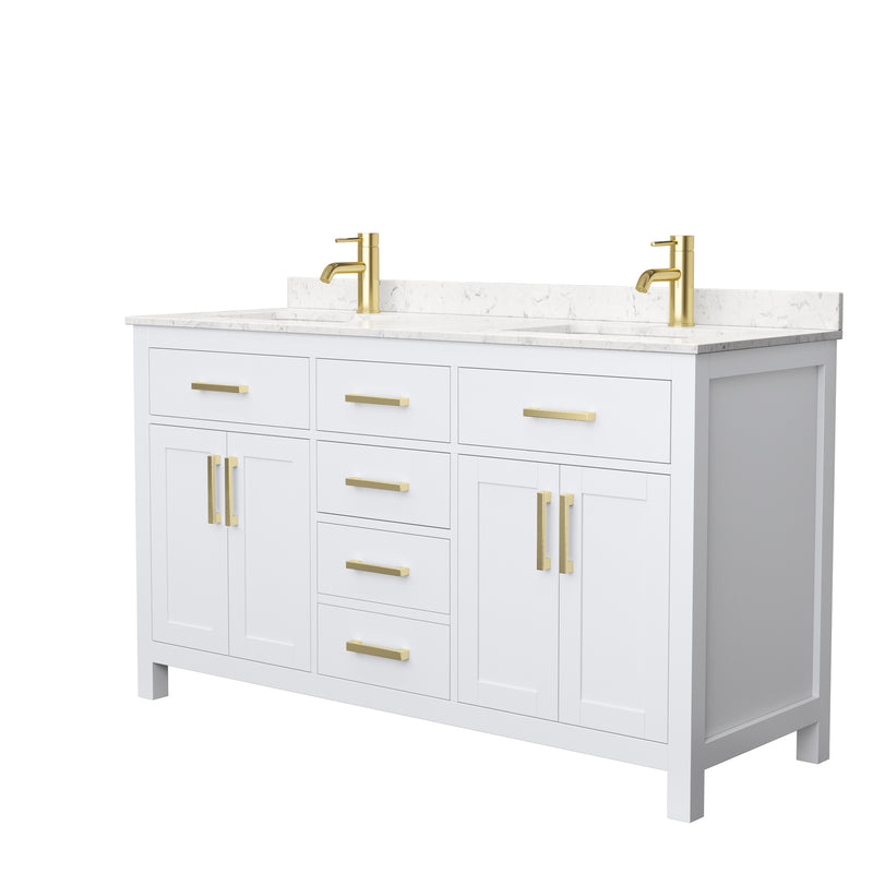 Wyndham Beckett 60" Double Bathroom Vanity In White Carrara Cultured Marble Countertop Undermount Square Sinks Brushed Gold Trims And No Mirror WCG242460DWGCCUNSMXX