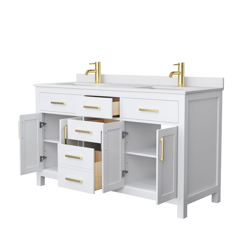 Wyndham Beckett 60" Double Bathroom Vanity In White White Cultured Marble Countertop Undermount Square Sinks Brushed Gold Trims and No Mirror WCG242460DWGWCUNSMXX